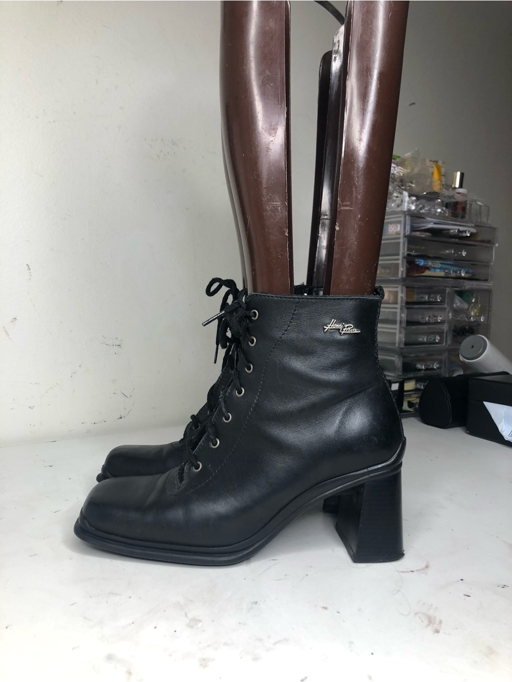 Black Leather Lace-Up Ankle Boots